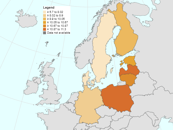 The persentages for the eight Baltic Sea Region countries on NEETs in 2022. Eurostat.